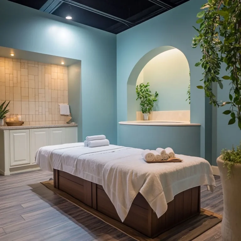 Bright and serene massage room with white linens and indoor plant at a luxury wellness spa in Business Bay.