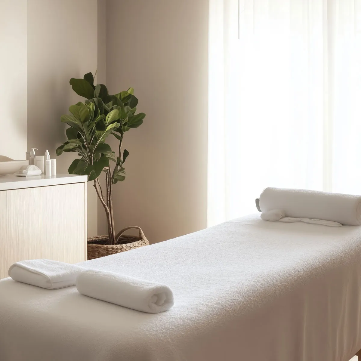 Bright and minimal massage room with natural light at Carval Health Spa in Business Bay, Dubai.