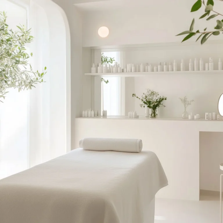 Minimalist white treatment room with natural light and skincare products at a luxury spa near Downtown Dubai.