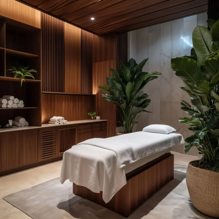 Rolled white towels on massage bed in a warm, relaxing spa room at Carval Health Spa in Business Bay