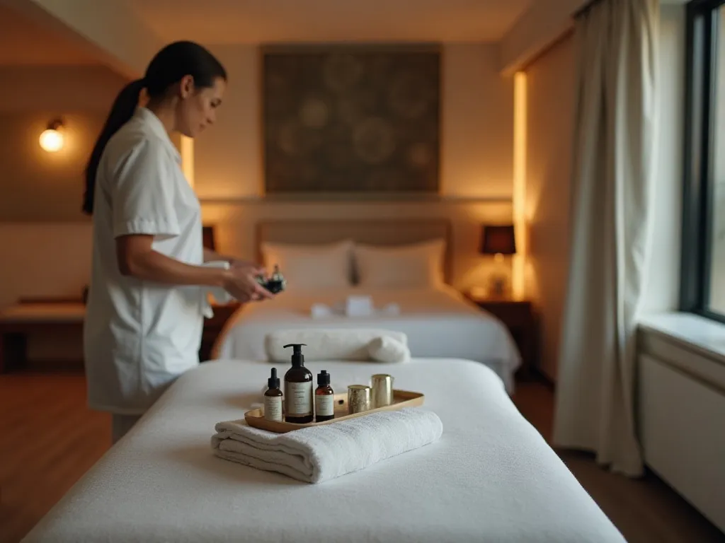 Professional therapist setting up for a home massage session in a hotel room in Dubai.