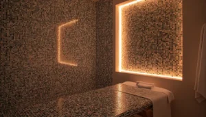 Moroccan Hammam room with mosaic-tiled table, warm ambient lighting, and spa towels at Carval Health Spa in Business Bay, Dubai.