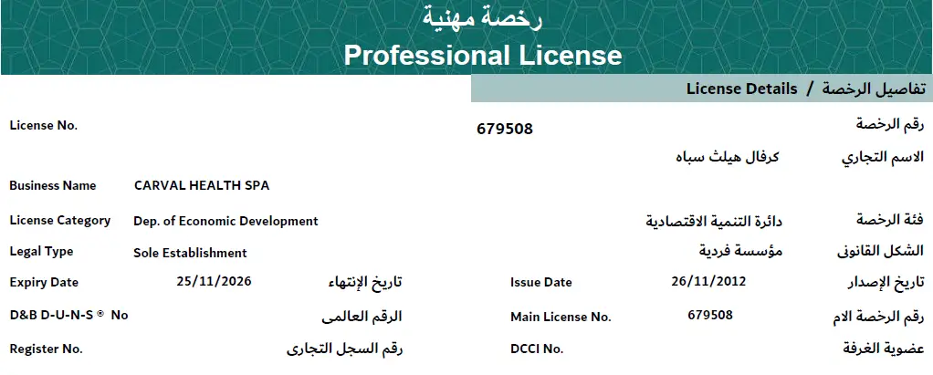 Carval Health Spa Professional Business License