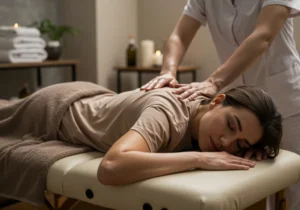 Woman receiving a Relax massage in a peaceful spa environment in Business Bay Dubai wearing a spa shirt lying on a massage table with eyes closed for relaxation