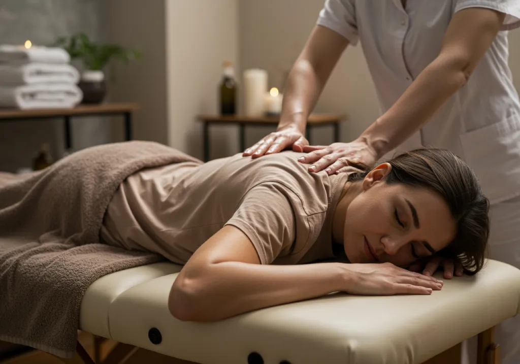 Woman receiving a Relax massage in a peaceful spa environment in Business Bay Dubai wearing a spa shirt lying on a massage table with eyes closed for relaxation